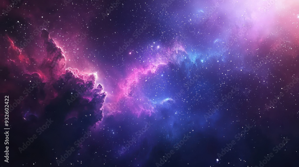 Fototapeta premium A cosmic space scene with a vibrant gradient of colors, including deep blues, purples, and pinks. Stars and galaxies are scattered across the sky, creating a sense of wonder and exploration in the