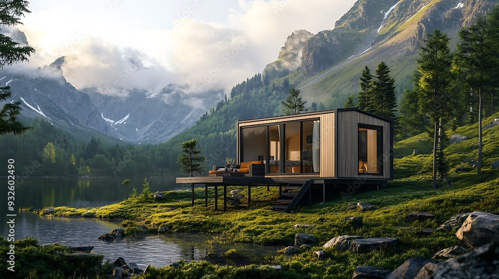 Modern cabin nestled on a lake with mountain views. Modern cabin nestled on a lake with mountain views.
