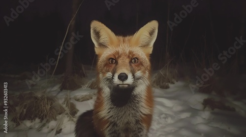 Wildlife image of a fox in the snowy wilderness at night photo