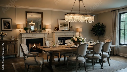 Luxurious dining room interior with fireplace, chandelier, and large windows.