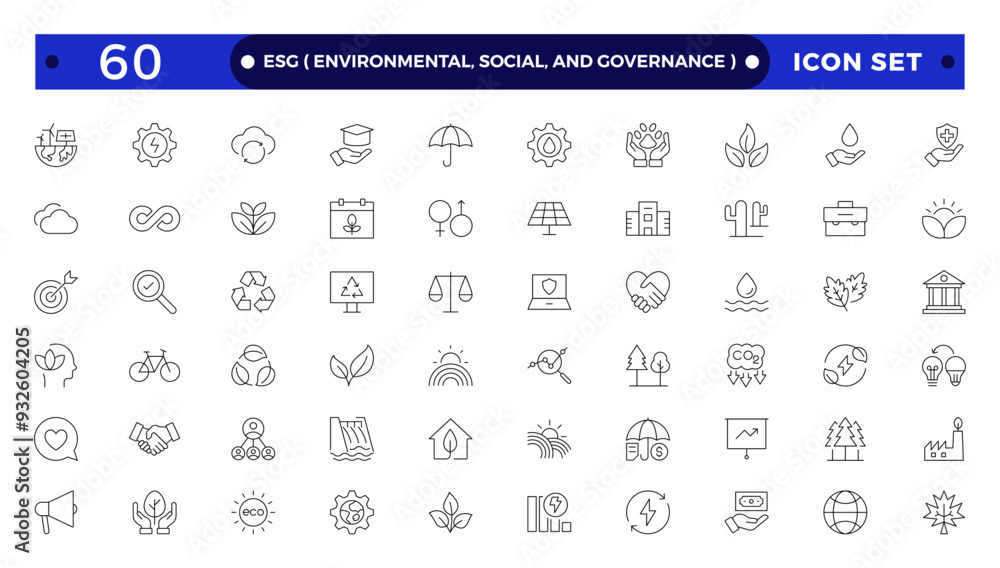 ESG icon Outline set, Environmental, Social, and Governance line icon. ESG outline icons collection. Includes Sustainability, Solar Panel. Set of outline icons about Environmental Social Governance. ESG icon Outline set, Environmental, Social, and Governance line icon. ESG outline icons collection. Includes Sustainability, Solar Panel. Set of outline icons about Environmental Social Governance.