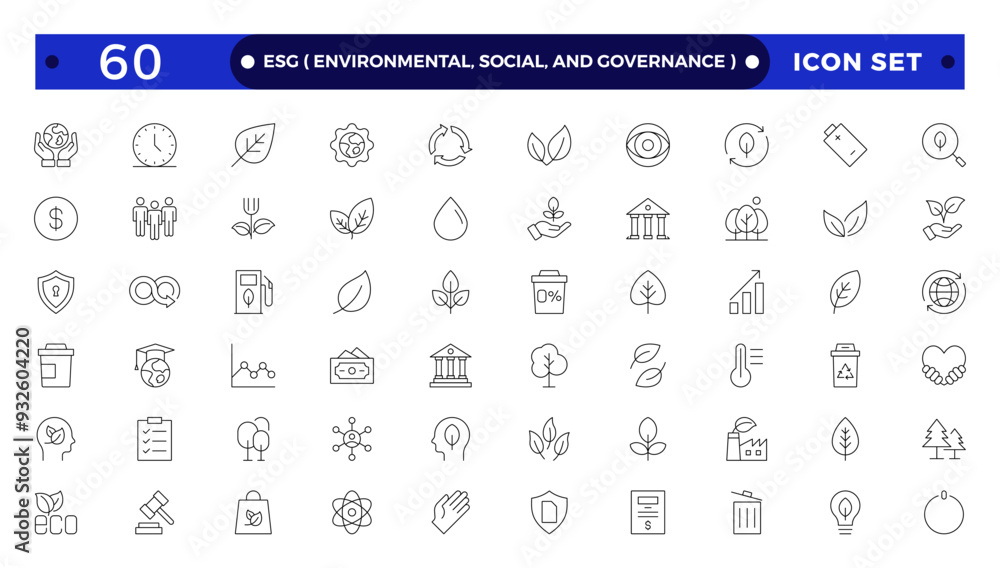 ESG icon Outline set, Environmental, Social, and Governance line icon. ESG outline icons collection. Includes Sustainability, Solar Panel. Set of outline icons about Environmental Social Governance. ESG icon Outline set, Environmental, Social, and Governance line icon. ESG outline icons collection. Includes Sustainability, Solar Panel. Set of outline icons about Environmental Social Governance.