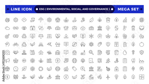 ESG icon Outline set, Environmental, Social, and Governance line icon. ESG outline icons collection. Includes Sustainability, Solar Panel. Set of outline icons about Environmental Social Governance.