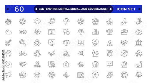 ESG icon Outline set, Environmental, Social, and Governance line icon. ESG outline icons collection. Includes Sustainability, Solar Panel. Set of outline icons about Environmental Social Governance.