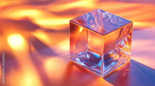 a single, clear glass cube with perfect edges and reflections, placed on an abstract background that creates dynamic light refractions, surrounded by a soft glow of warm colors