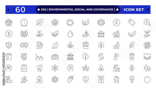 ESG icon Outline set, Environmental, Social, and Governance line icon. ESG outline icons collection. Includes Sustainability, Solar Panel. Set of outline icons about Environmental Social Governance.