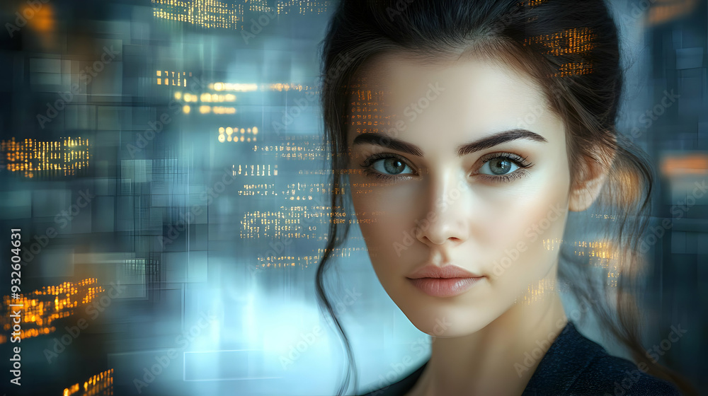 A close-up portrait of a woman with a digital background. A close-up portrait of a woman with a digital background.