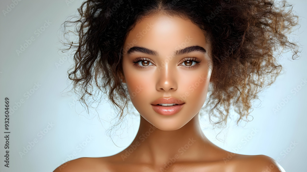 A close-up portrait of a woman with curly hair and radiant skin. A close-up portrait of a woman with curly hair and radiant skin.