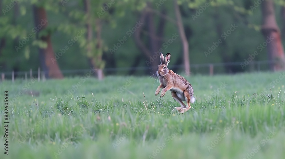 Wildlife image of a hare hopping through a field at dawn Wildlife image of a hare hopping through a field at dawn