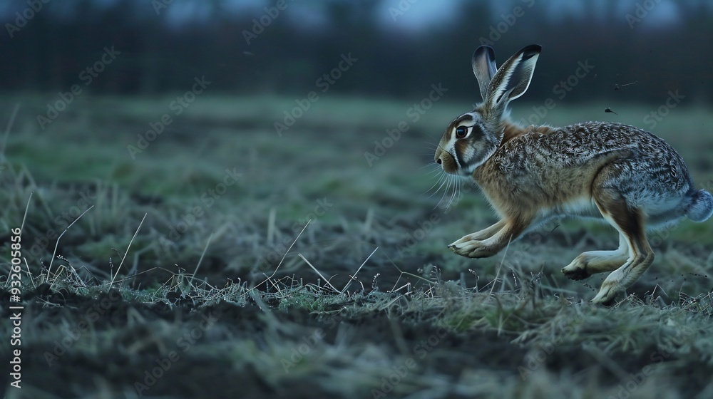 Wildlife image of a hare hopping through a field at dawn Wildlife image of a hare hopping through a field at dawn