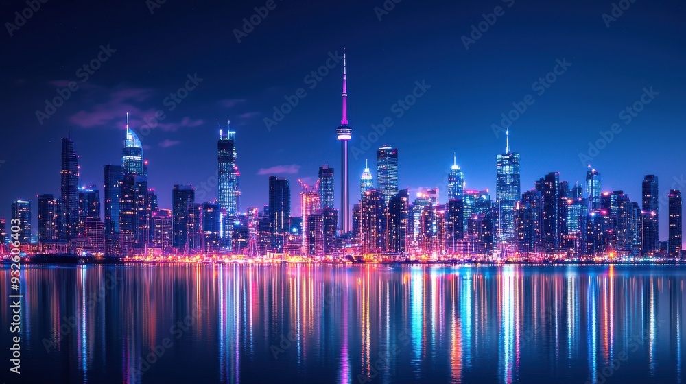 Fototapeta premium An urban skyline at night, with the city lights creating a vibrant, dynamic atmosphere. The skyline represents the energy and diversity of a modern city, powered by technology and innovation.