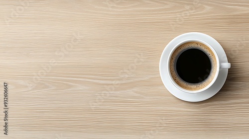 Minimalistic top view of a white coffee cup on a smooth wooden table, subtle texture and contrast, bright lighting, centered composition, serene and peaceful mood, copy space for text,