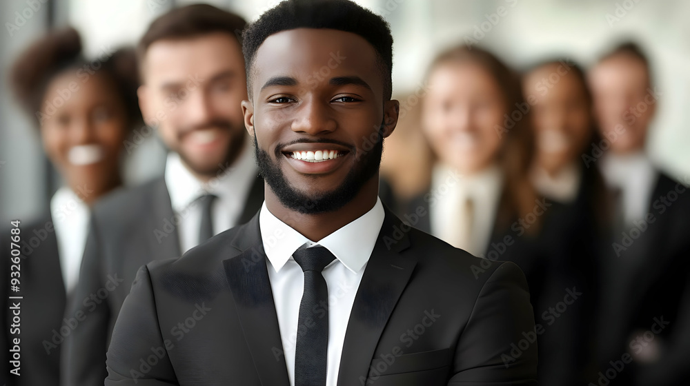 A confident businessman smiling with colleagues in the background. A confident businessman smiling with colleagues in the background.