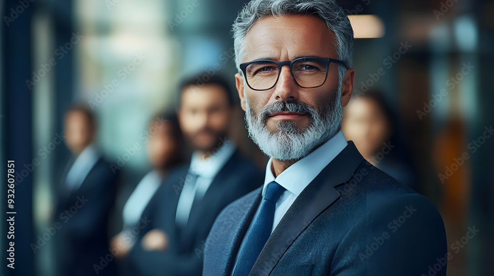 A confident businessman stands in a professional setting with colleagues. A confident businessman stands in a professional setting with colleagues.