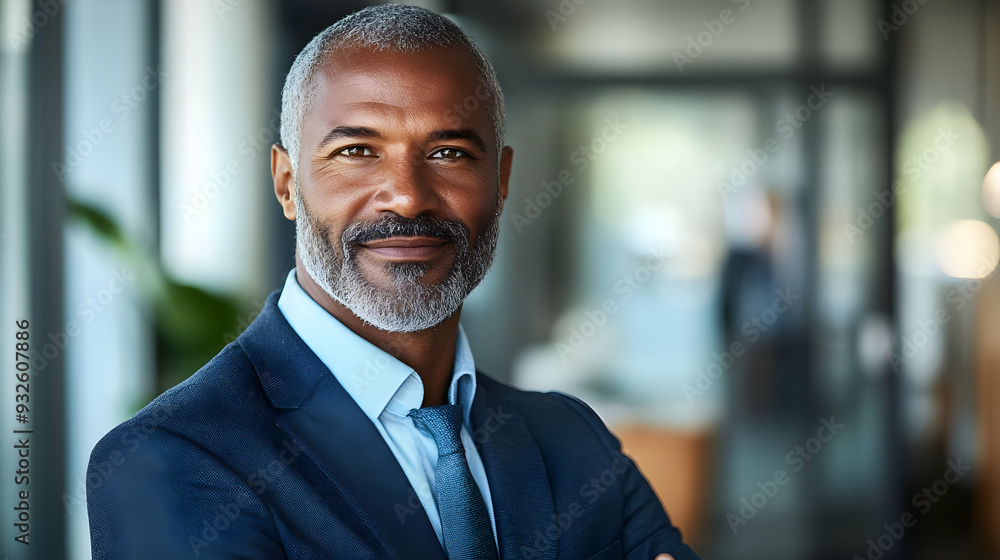A confident businessman with a beard in a modern office setting. A confident businessman with a beard in a modern office setting.
