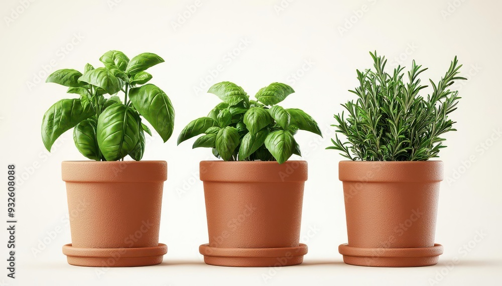Organic herb garden, pots with fresh basil, mint, and rosemary, 3D illustration Organic herb garden, pots with fresh basil, mint, and rosemary, 3D illustration