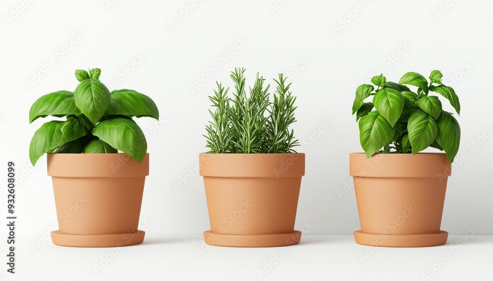 Fototapeta premium Organic herb garden, pots with fresh basil, mint, and rosemary, 3D illustration