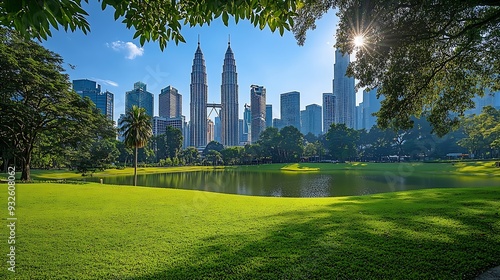 Scenic Kuala Lumpur skyline Amazing view of a green city park in Kuala Lumpur Malaysia Highrise buildings are visible on blue sky background Kuala Lumpur is a popular tourist destinati : Generative AI photo