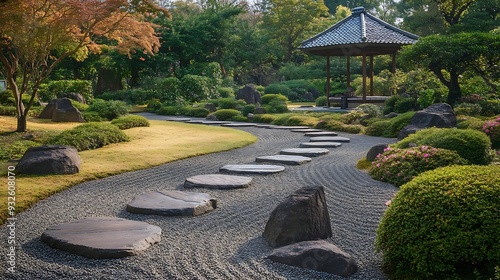 Japanese garden at Ohori Koen Donguri Park in Fukuoka prefecture Kyushu Japan : Generative AI photo