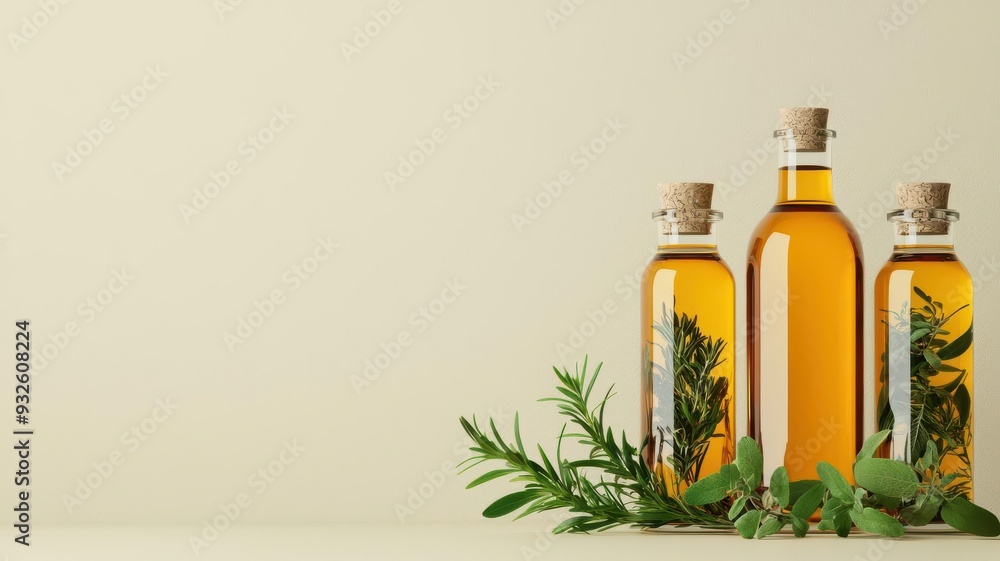 Organic herb-infused oils, bottles with herbs inside, 3D illustration Organic herb-infused oils, bottles with herbs inside, 3D illustration
