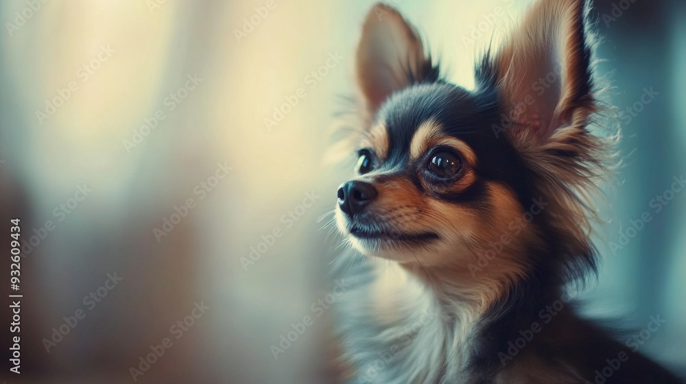 Detailed shot of a small, cute dog with a wagging tail and perky ears, set against a soft, blurred background to highlight its cuteness. Detailed shot of a small, cute dog with a wagging tail and perky ears, set against a soft, blurred background to highlight its cuteness.
