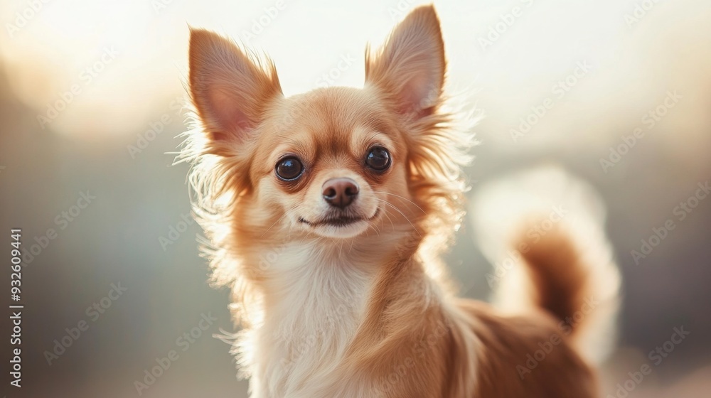Detailed shot of a small, cute dog with a wagging tail and perky ears, set against a soft, blurred background to highlight its cuteness. Detailed shot of a small, cute dog with a wagging tail and perky ears, set against a soft, blurred background to highlight its cuteness.