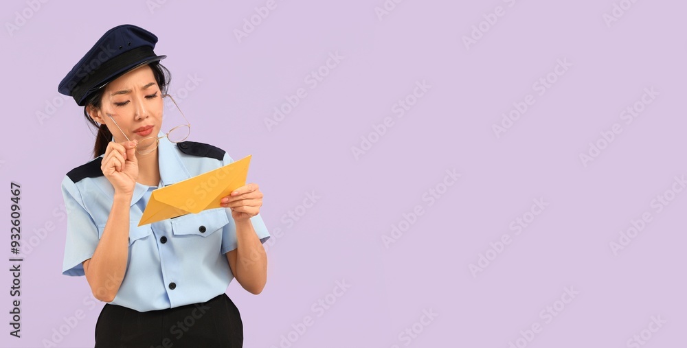 Young Asian postwoman with poor eyesight reading address on envelope against lilac background with space for text Young Asian postwoman with poor eyesight reading address on envelope against lilac background with space for text