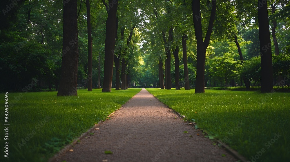 Straight pathway leading through a lush green forest park with tall trees and a serene atmosphere : Generative AI Straight pathway leading through a lush green forest park with tall trees and a serene atmosphere : Generative AI