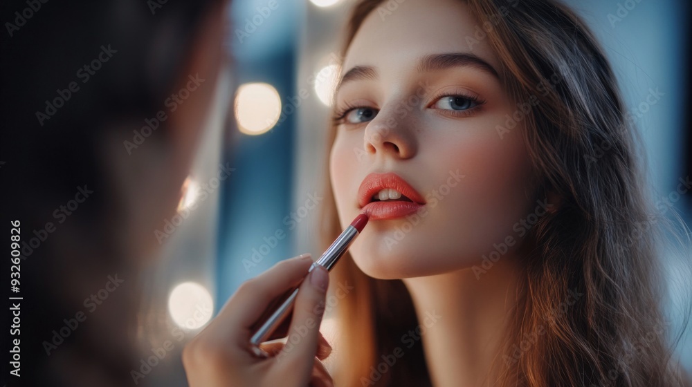 Fototapeta premium Detailed shot of a woman applying lipstick in a mirror, with her makeup perfectly done, emphasizing her attention to detail and beauty routine.