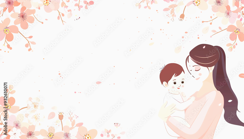 Mother Holding Baby With Pink Flowers Around Her Mother Holding Baby With Pink Flowers Around Her