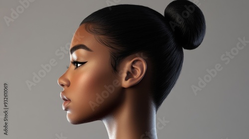 Detailed shot of a woman with a stylish, high ponytail, emphasizing the sleek, smooth texture and the contemporary, fashionable design.