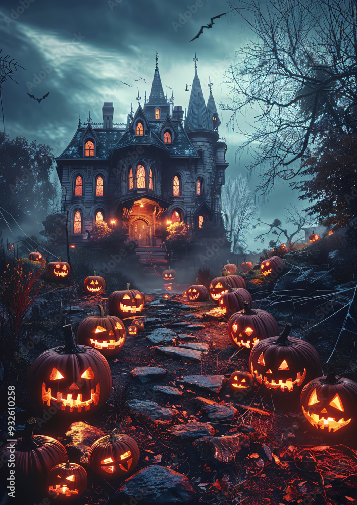 Spooky Halloween Night with Glowing Jack-O'-Lanterns, Haunted House, and Full Moon - Perfect for Halloween Party Invitations, Decorations, and October Festivities Spooky Halloween Night with Glowing Jack-O'-Lanterns, Haunted House, and Full Moon - Perfect for Halloween Party Invitations, Decorations, and October Festivities