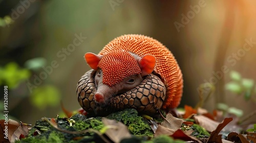 Wildlife image of an armadillo curling up for protection photo