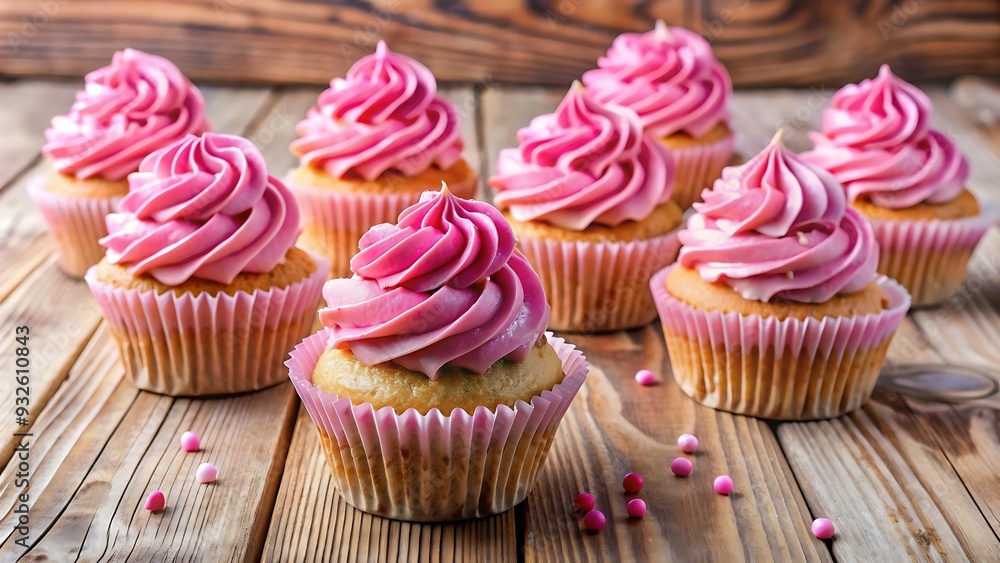 Pink Cupcakes on a Wooden Background. Pink Cupcakes on a Wooden Background.