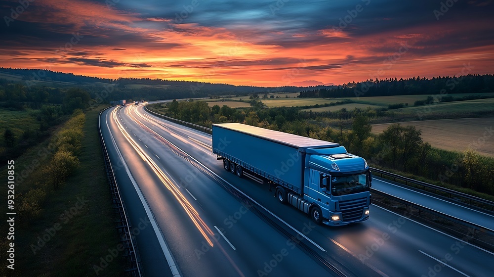 Transportation trucks in high speed driving on a highway through rural landscape on a beautiful sunset Fast blurred motion drive on the freeway : Generative AI Transportation trucks in high speed driving on a highway through rural landscape on a beautiful sunset Fast blurred motion drive on the freeway : Generative AI