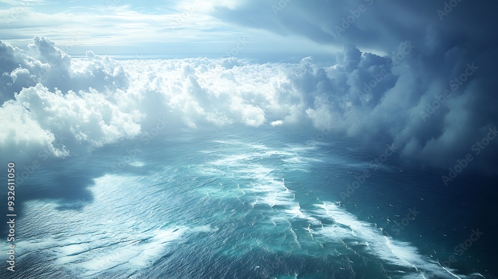 Fototapeta premium Seen from an aerial view a rain squall sweeps across the tropical Pacific Ocean : Generative AI