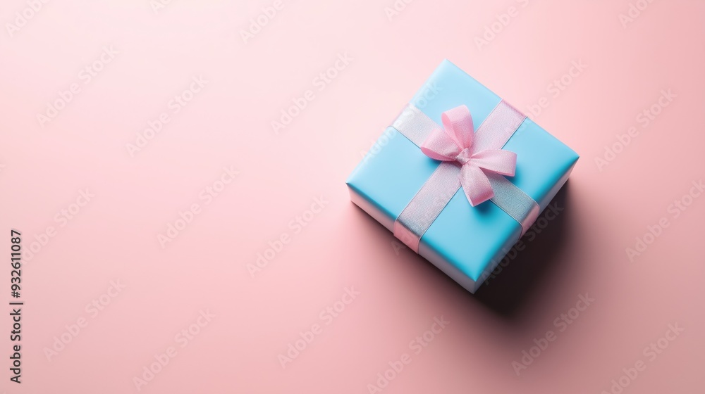 A beautifully wrapped blue gift box with a pink ribbon rests on a soft pink surface, perfect for celebrations. A beautifully wrapped blue gift box with a pink ribbon rests on a soft pink surface, perfect for celebrations.