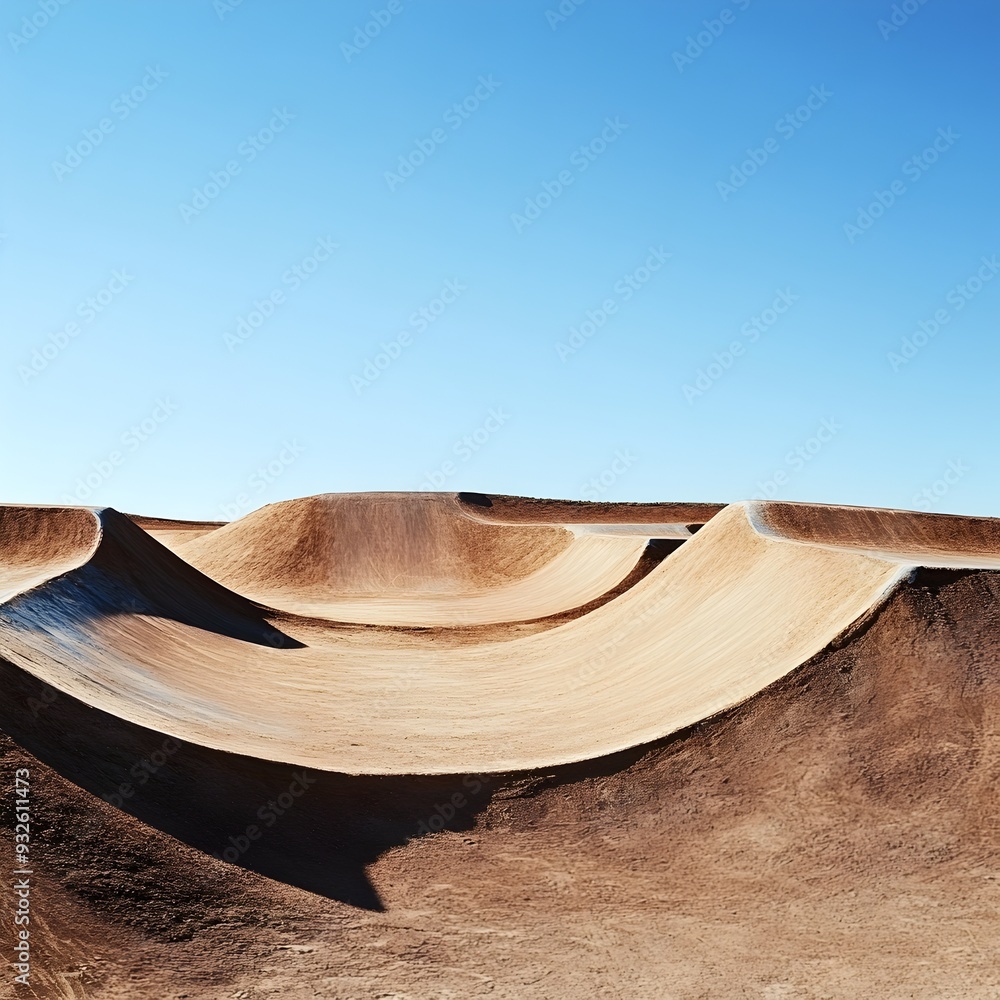Fototapeta premium An exhilarating dirt BMX track with challenging jumps turns and obstacles ready for a high speed race under a clear expansive sky The scene offers ample copy space above for text or graphic overlays