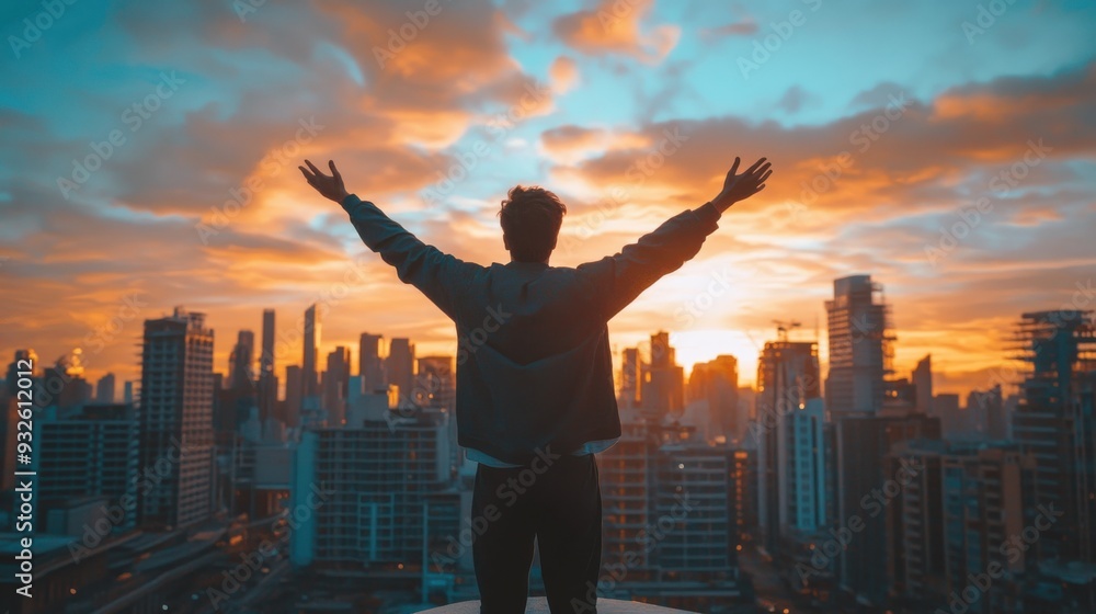 Man Standing on Skyscraper Rooftop with Arms Raised in Gratitude to God, Overlooking the Majestic City Skyline. Symbolic Expression of Faith, Reverence, and Connection with the Divine. Man Standing on Skyscraper Rooftop with Arms Raised in Gratitude to God, Overlooking the Majestic City Skyline. Symbolic Expression of Faith, Reverence, and Connection with the Divine.