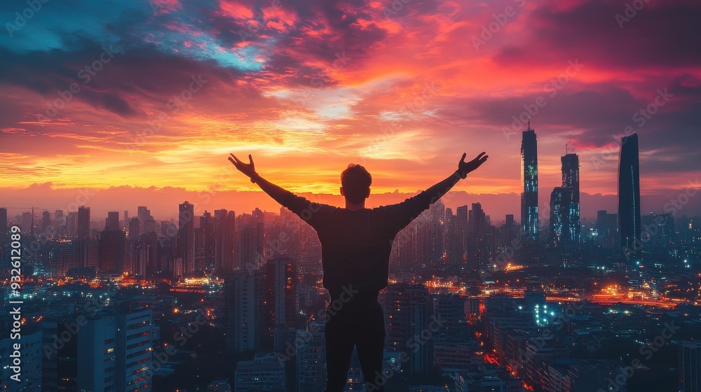 Fototapeta premium Man Standing on Skyscraper Rooftop with Arms Raised in Gratitude to God, Overlooking the Majestic City Skyline. Symbolic Expression of Faith, Reverence, and Connection with the Divine.