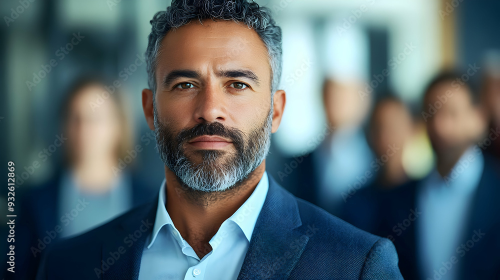 A confident man in a suit stands with others in a professional setting. A confident man in a suit stands with others in a professional setting.