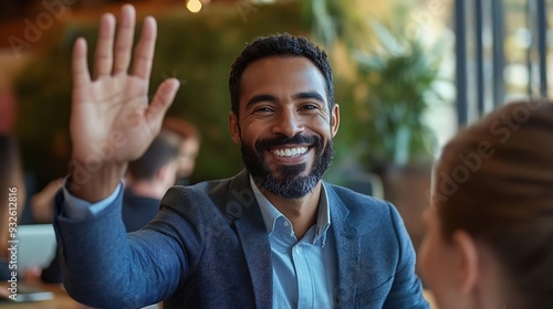 Happy businessman with disability giving highfive to colleague in office : Generative AI photo