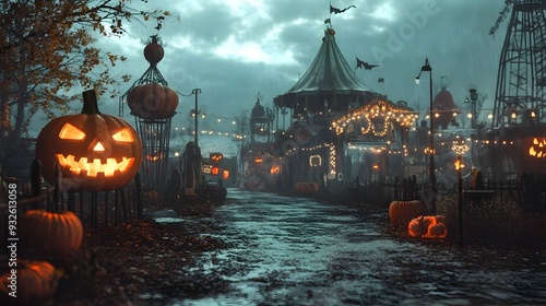 Chilling 3D Rendition of Halloween Circus Freak Show with Eerie Clown Character