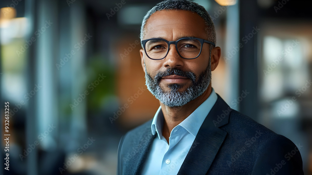 A confident man in a suit, smiling in a modern office setting. A confident man in a suit, smiling in a modern office setting.