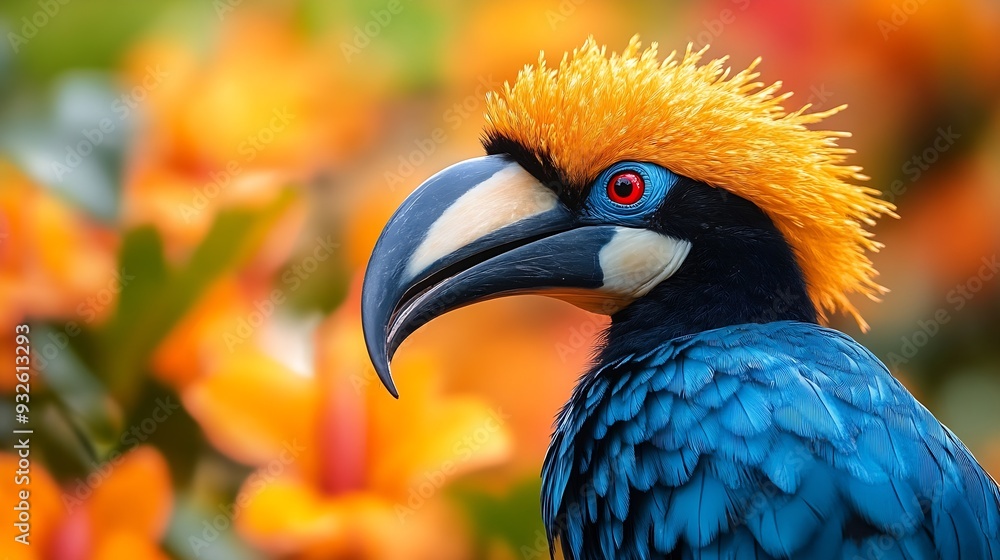 Obraz premium Portrait of colourful hornbill native to Indonesia Knobbed Hornbill Aceros cassidix Huge bird with gold bristled feathers on the blue neck blurred orange flowers in background Bird o : Generative AI