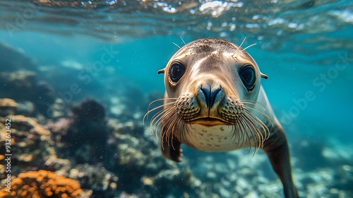 Galapagos fur seal Arctocephalus galapagoensis swimming at camera in tropical underwaters Lion seal in under water world Observation of wildlife ocean Scuba diving adventure in Ecuador : Generative AI photo