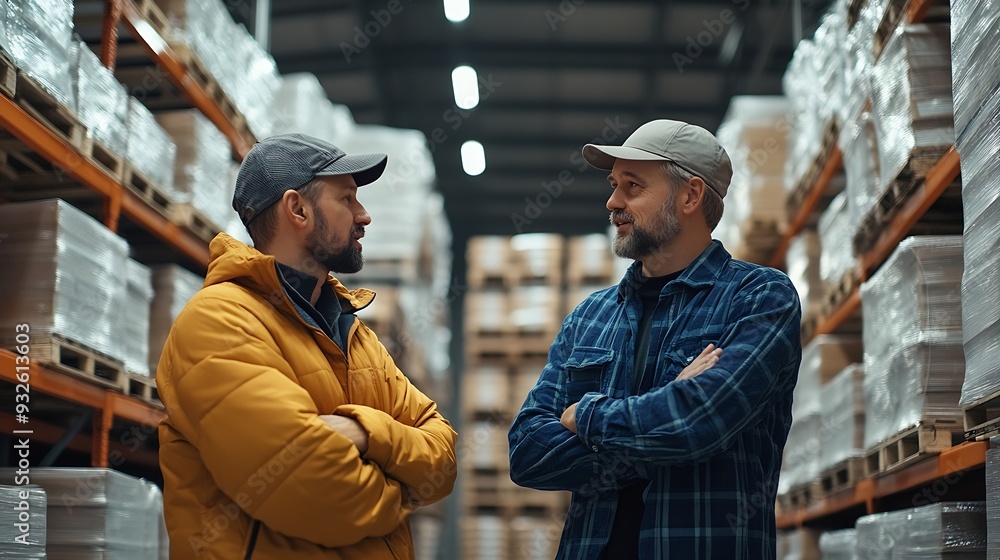 Fototapeta premium Warehouse manager talking with logistics employee in warehouse planning transport of products talking shipping process : Generative AI