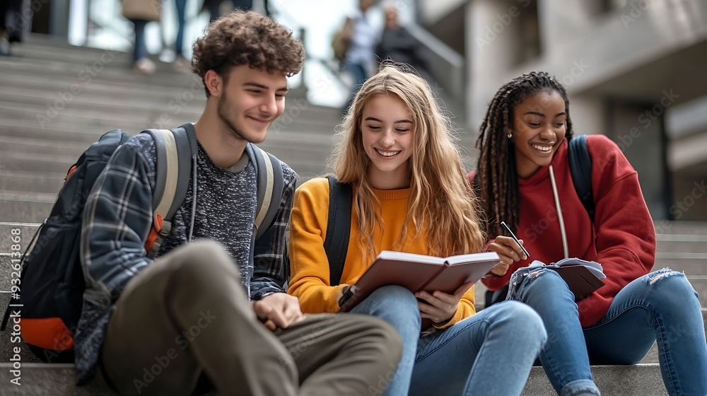 Happy diverse university student friends doing homework together sitting on campus steps Higher education and technology concept : Generative AI Happy diverse university student friends doing homework together sitting on campus steps Higher education and technology concept : Generative AI