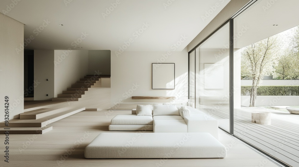 Elegant minimalist home interior with clean lines, neutral colors, and modern furnishings, creating a serene and uncluttered living space.