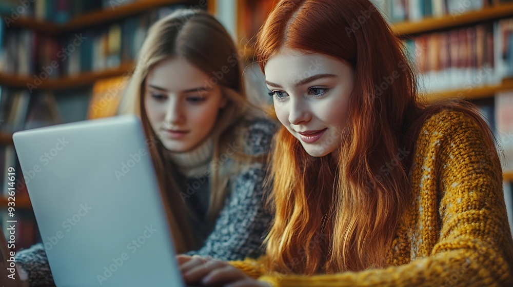 Redhead tutor teaches teenage girl in library using laptop for modern education after school lessons : Generative AI Redhead tutor teaches teenage girl in library using laptop for modern education after school lessons : Generative AI